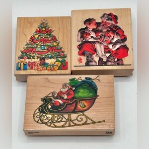 Santa Christmas Rubber Stamp Set Saturday Evening Post Sleigh Tree Set of 3